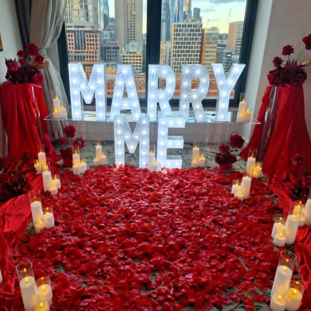 Illuminated MARRY ME letters available for proposal hire